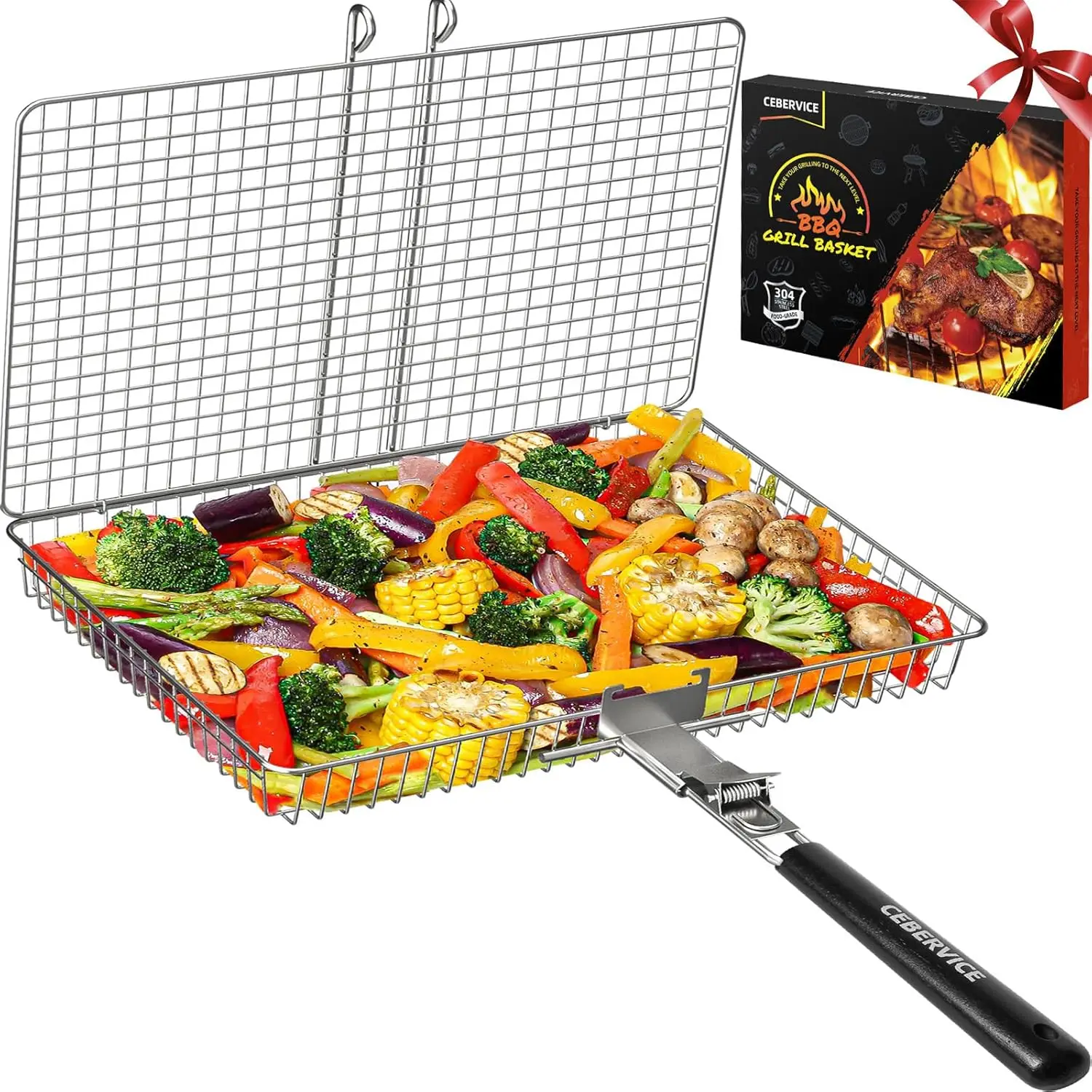 Grill Basket Extra Large, SUS304 Stainless Steel, Portable Folding BBQ Camping Grilling Rack for Fish, Vegetables, Shrimp, Barbe