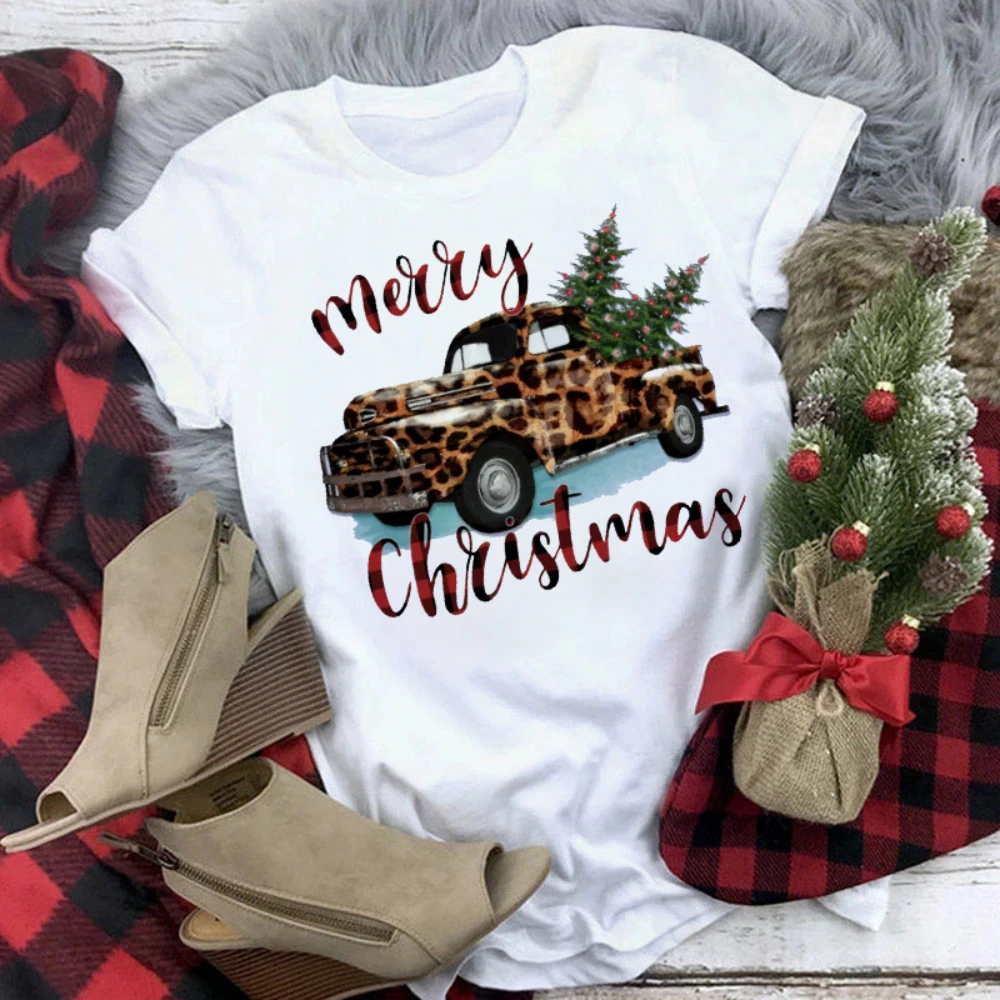 Camiseta feminina casual solta de natal, estampa de árvore de natal, manga curta, diária, streetwear, anos 90, retrô, cervo da sorte, estética