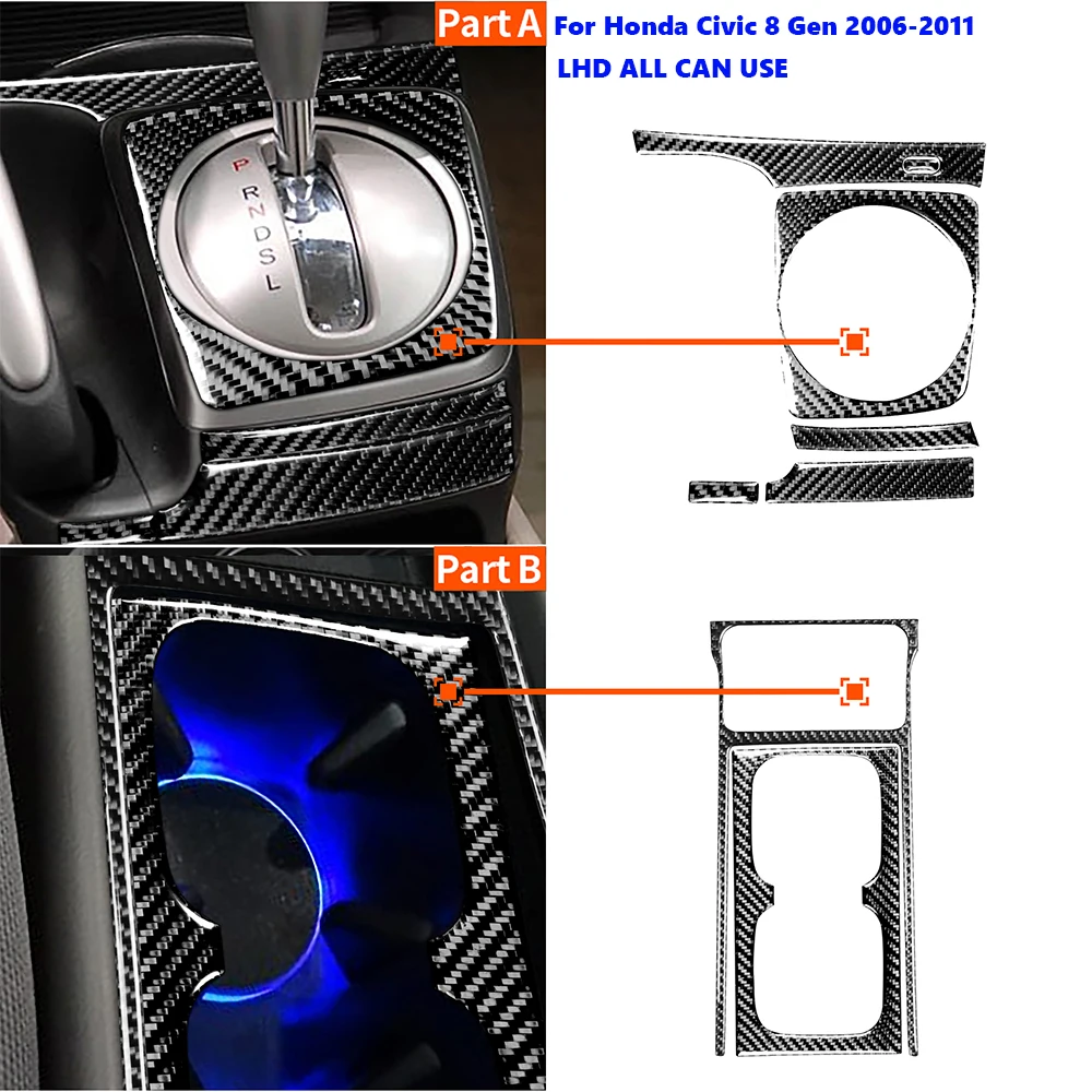 For Honda Civic 8th Gen 2006 2007 2008 2009 2010 2011 Car Carbon Fiber Black Stickers Car Interior Decorative Accessories