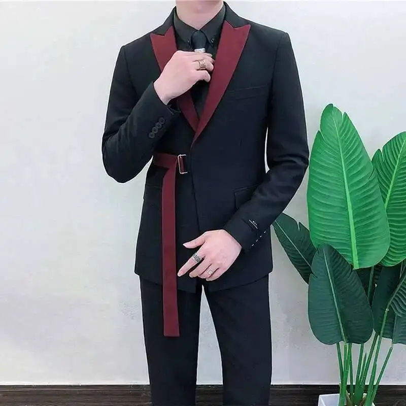 

Ternos Masculino 2020 Spring Long Sleeve Belt Decoration Man Suit Korean Groom Men Suit Slim Fit Weave Bring Full Dress Suit Man