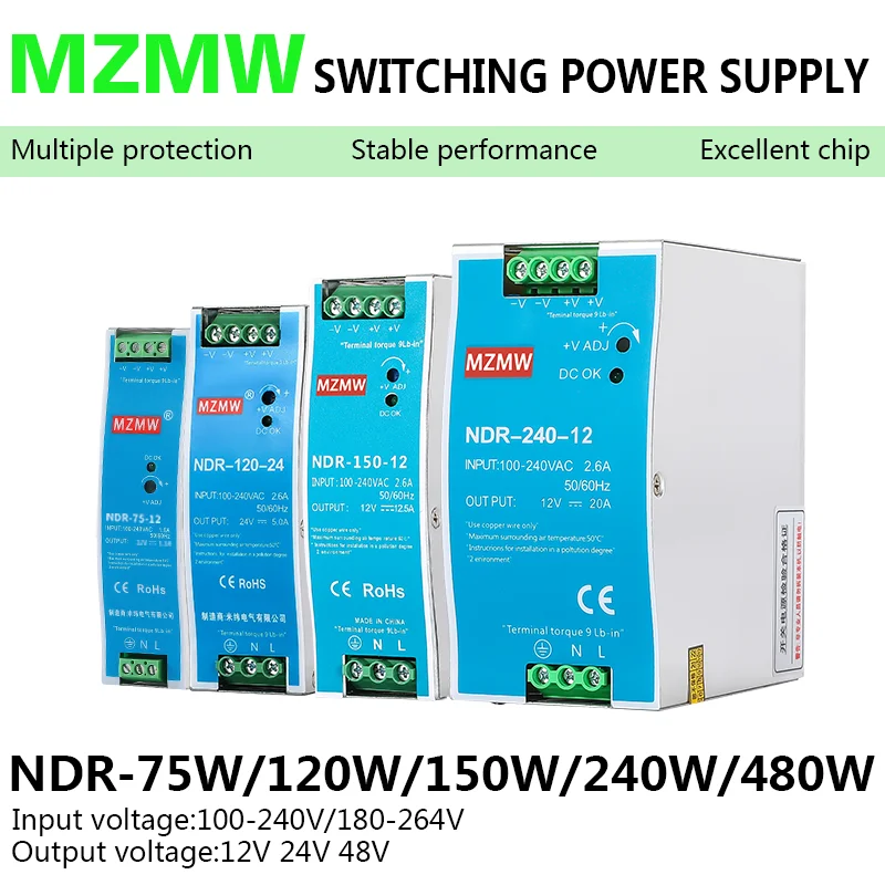 Industrial DIN Rail Switching Power Supply NDR Series 75W 120W 150W 240W 480W 100-240V AC/DC 12V 24V Source Power Transformer