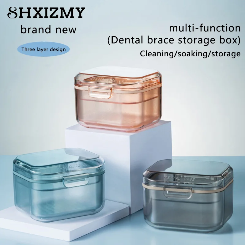 Orthodontic Retainer Three-Layer Braces Storage Box Soaking Invisible Teeth Denture Cleaning Tooth Storage Portable Belt Case