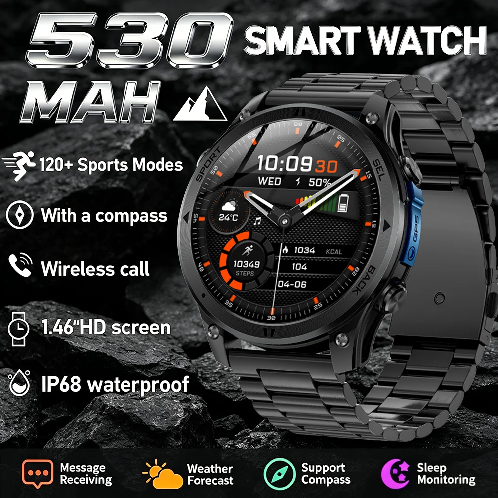 

2026 New GPS trajectory Smart Watch 1.46” HD Screen Compass 3ATM Waterproof Bluetooth Call 530mAh Battery Health Fitness Tracker