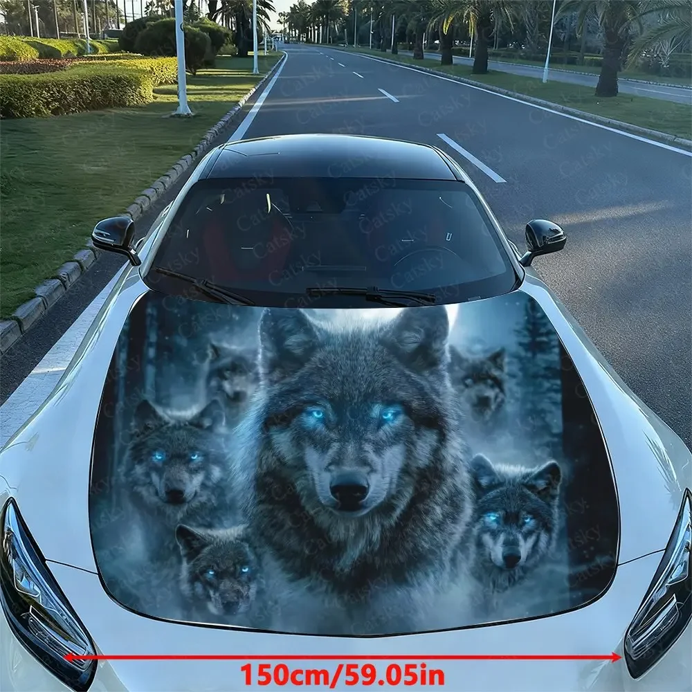 Night Moon Forest Wolf Pack Car Hood Vinyl Wraps, PVC Waterproof Car Bonnet Decals, Self-Adhesive Scratch-Resistant Stickers For