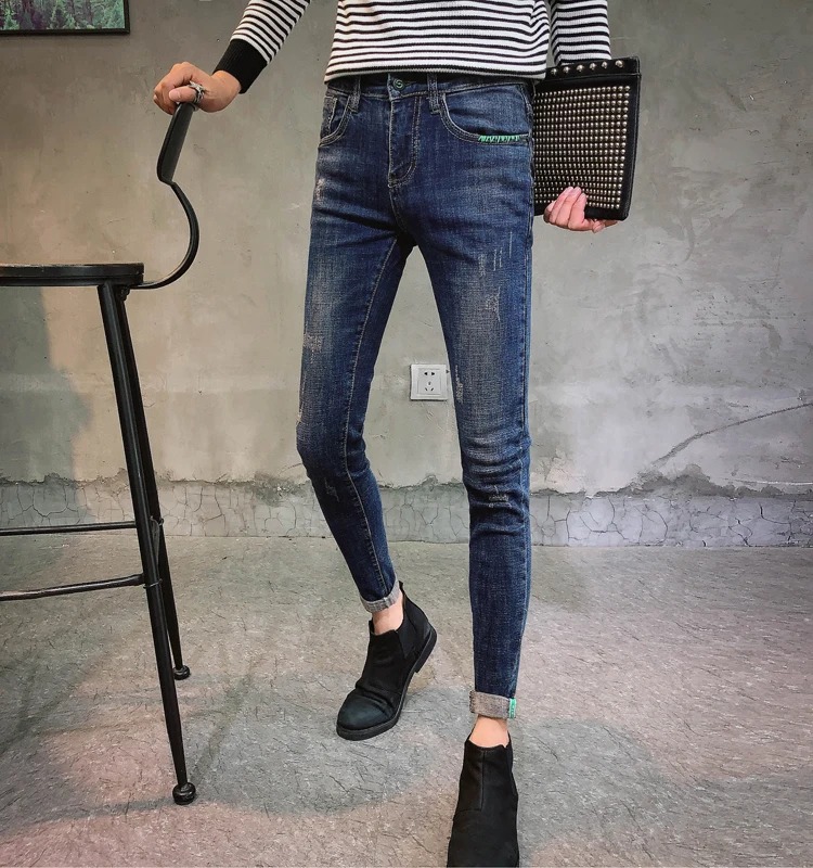

Синие мужские джинсы Slim Fit, эластичные, повседневные, модные, корейский стиль, со средней посадкой, на молнии, удобные джинсовые брюки