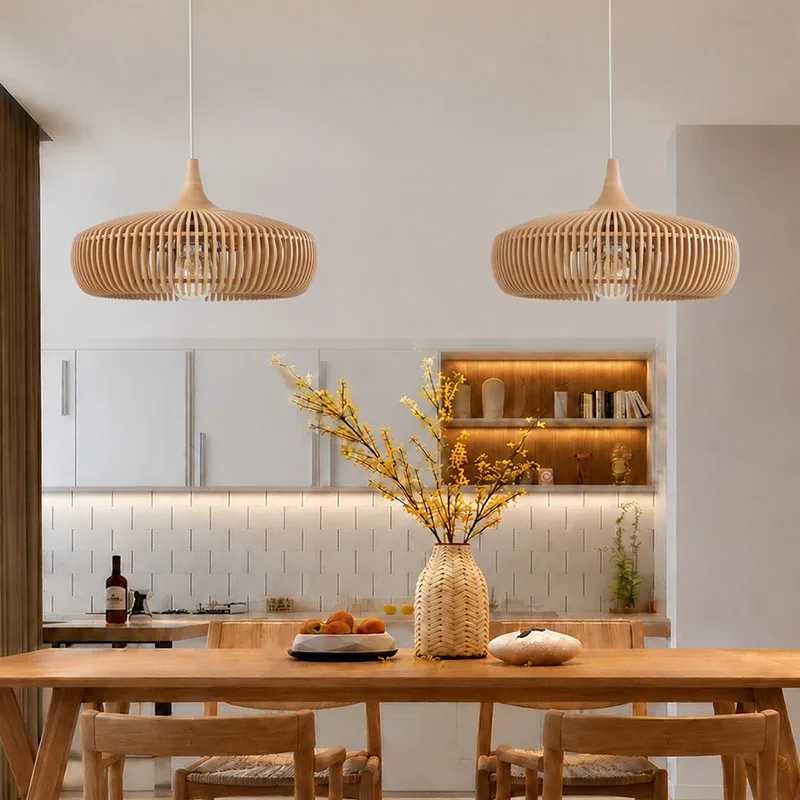 Natural Wooden Pendant Lamps Hollowed Vintage Pendant Lights  Walnut Hanging Lamp Living Room Dining Indoor Decorative Lighting