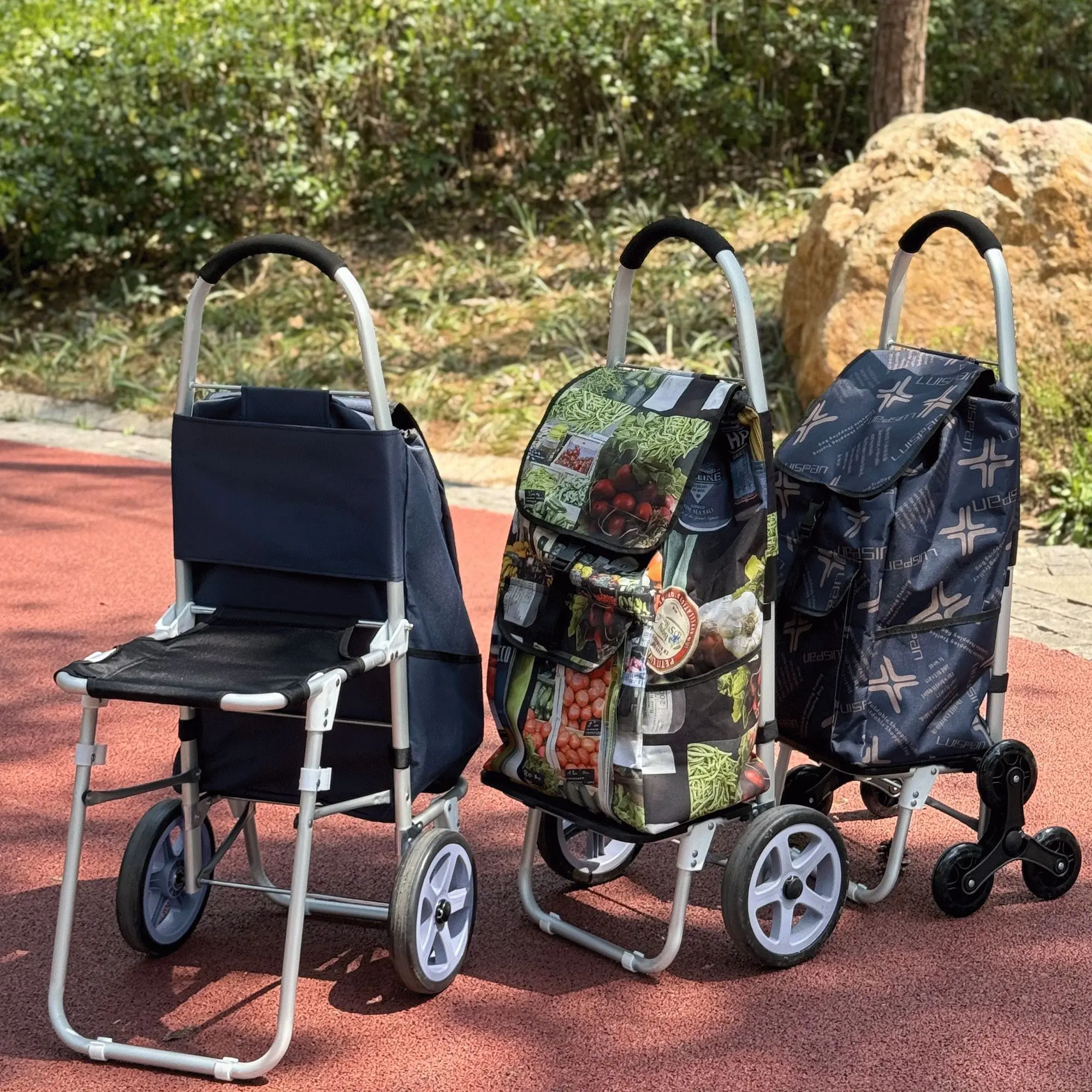 Portable Sit‑on Aluminum Alloy Shopping Trolley, Folding Cart with Seat Stool for Elderly Daily Shopping