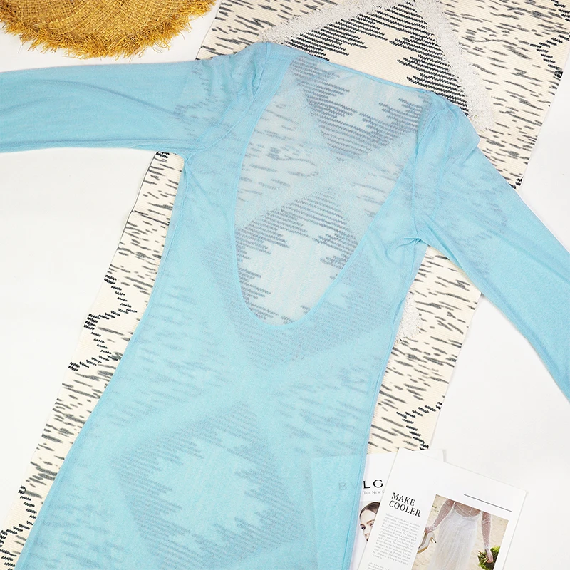 Sexy 3-teiliges Damen-Bikini-Set, Badeanzug, langes Kleid, Überzug, Strandmode, Badeanzug, Netzstoff, langärmelig, Oberteil, langer Rock