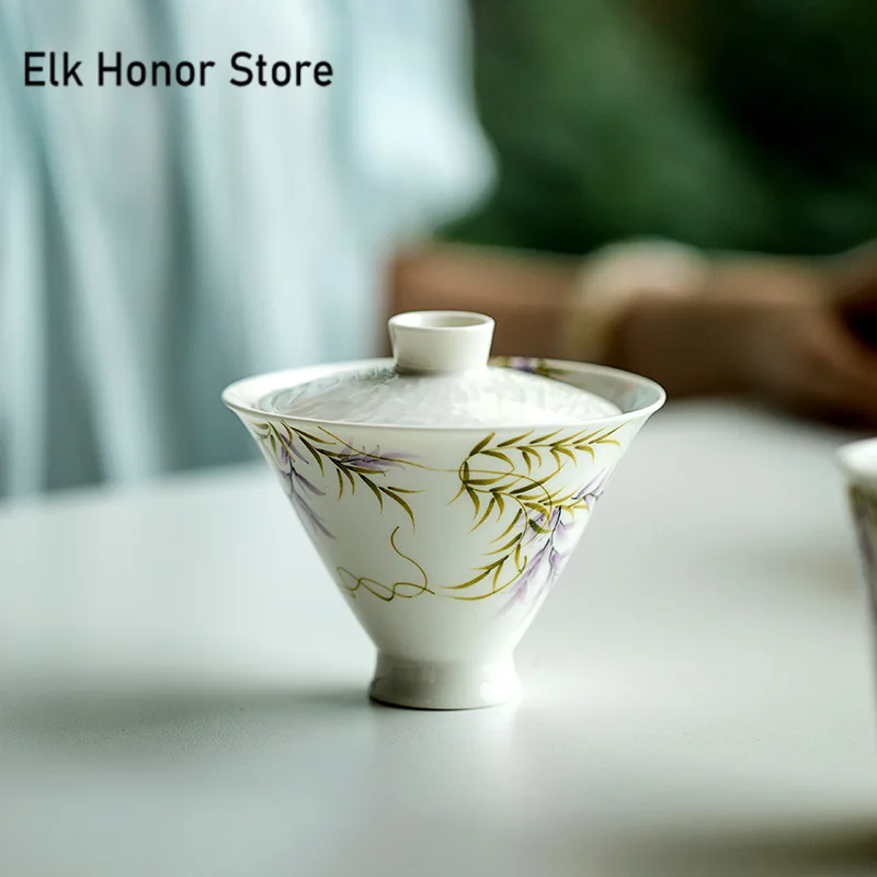 130ml Hand-painted Wisteria Flower Bamboo Hat Ceramic Gaiwan Elegant Tea Tureen Household Tea Maker Cover Bowl Cafe Teaware Gift