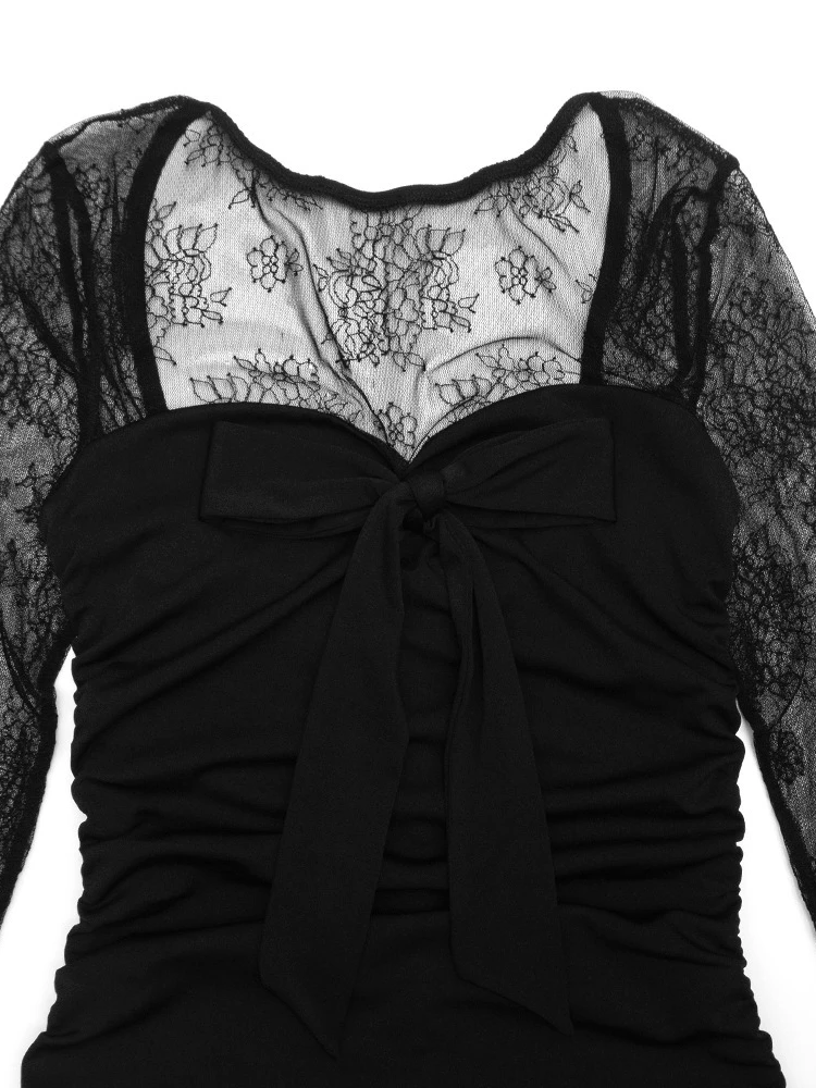 SsTss Mini abito patchwork in pizzo trasparente per donna Elegante abito aderente aderente aderente con scollo a O a maniche lunghe con fiocco e volant