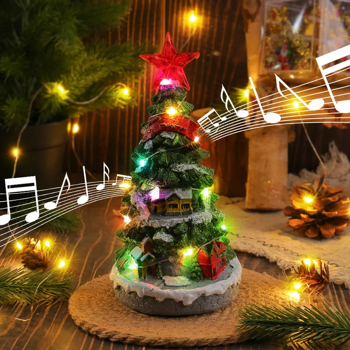 

Christmas Village Scene Decoration Light LED With Musical Xmas Decor For Home Decoration Village Rotating Santa Desktop Ornament