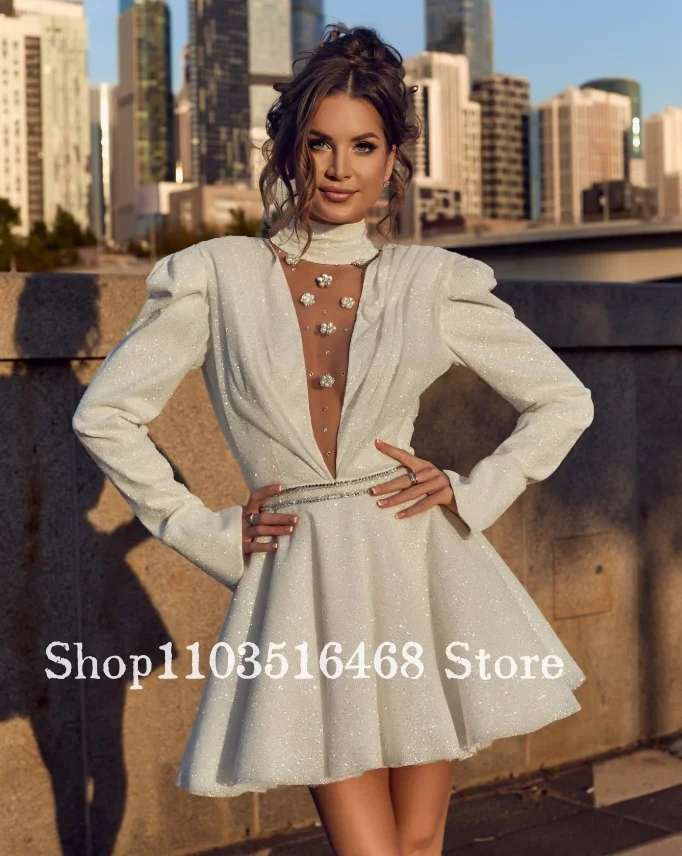 Custom Ivory Shimmering V-Neck Short Prom Dress Pearl Shine Fabric Long-Sleeve Wedding Party Dress Evening Gown Birthday Dress