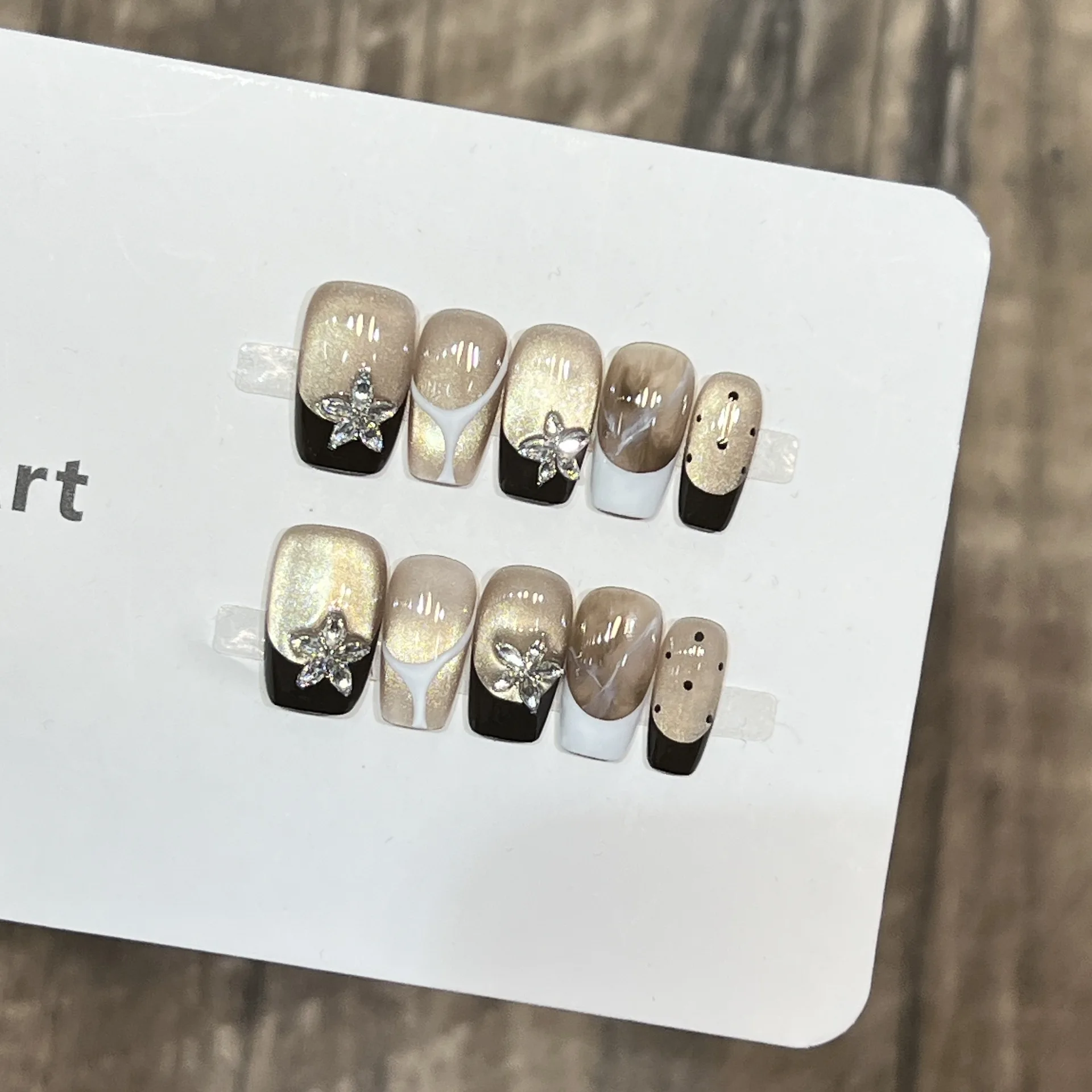 

10PCS Glitter Cat Eye Black French Press on Nails Simple 3D Star Diamonds Decor Medium Square False Nails Sweet Cool Fake Nails