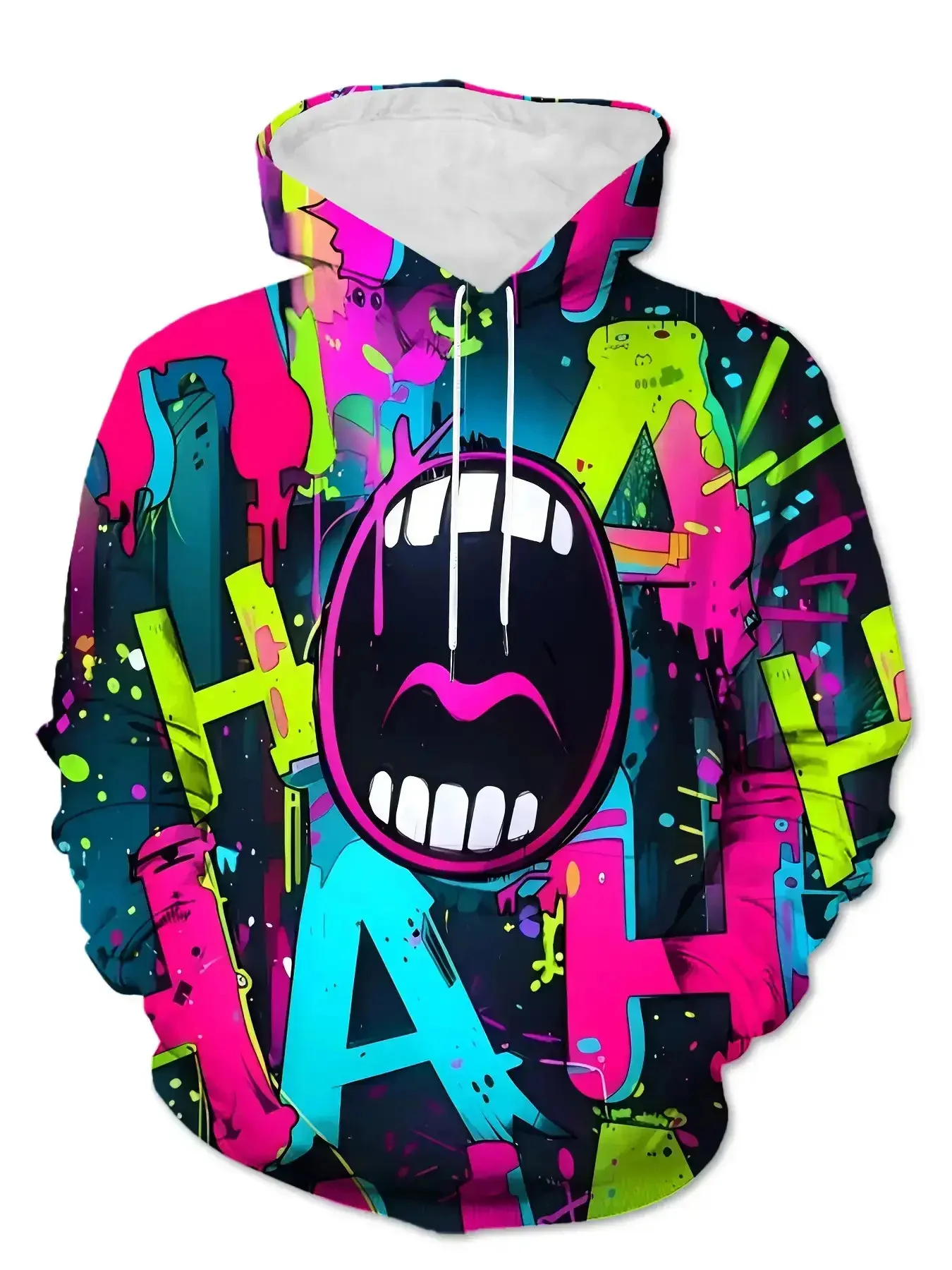 Men Black Base Neon HAHA Letter Big Mouth Graffiti Splash Print Drawstring Hoodie With Pocket