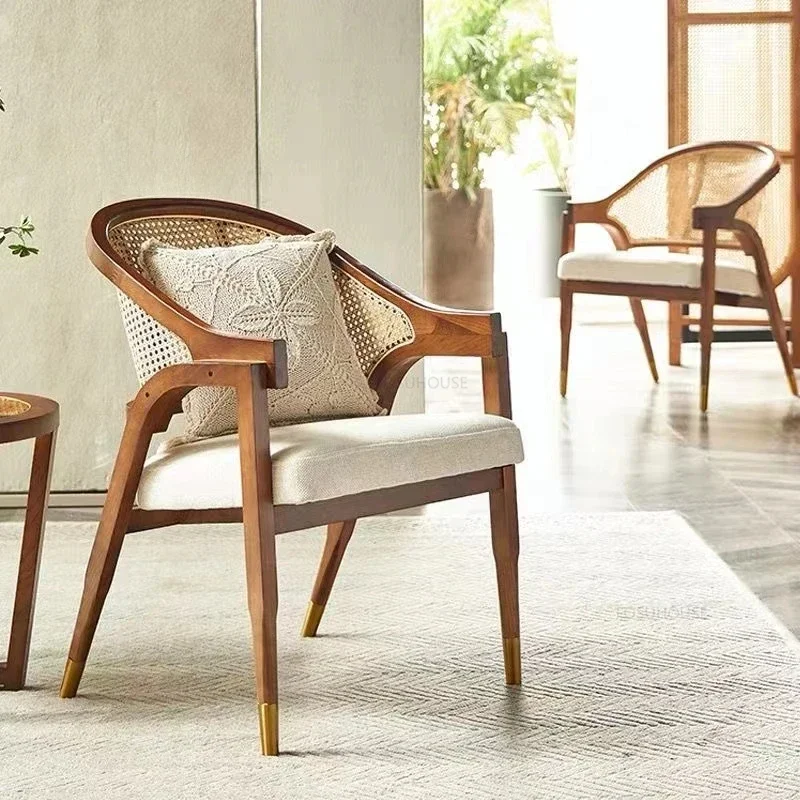 Nordic Retro Dining Chairs Home Furniture Solid Wood Rattan Leisure Chair Cafe Restaurant Armchairs Designer Single Sofa Chair