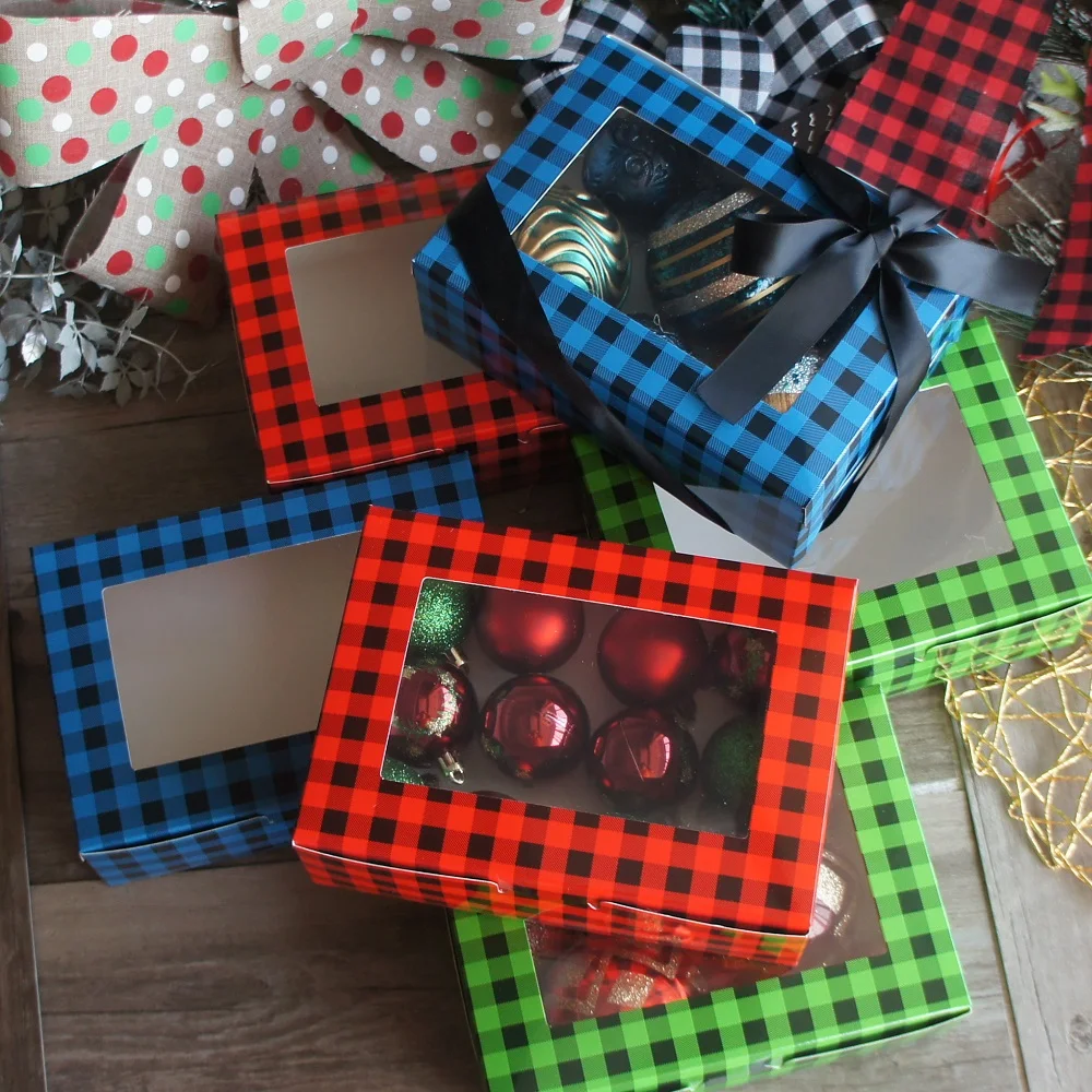 

21x15x7cm 10pcs Red Green Blue Grid Paper Box Cookie Macaron Chocolate Candy Bake Christmas Birthday Party Gifts Packing