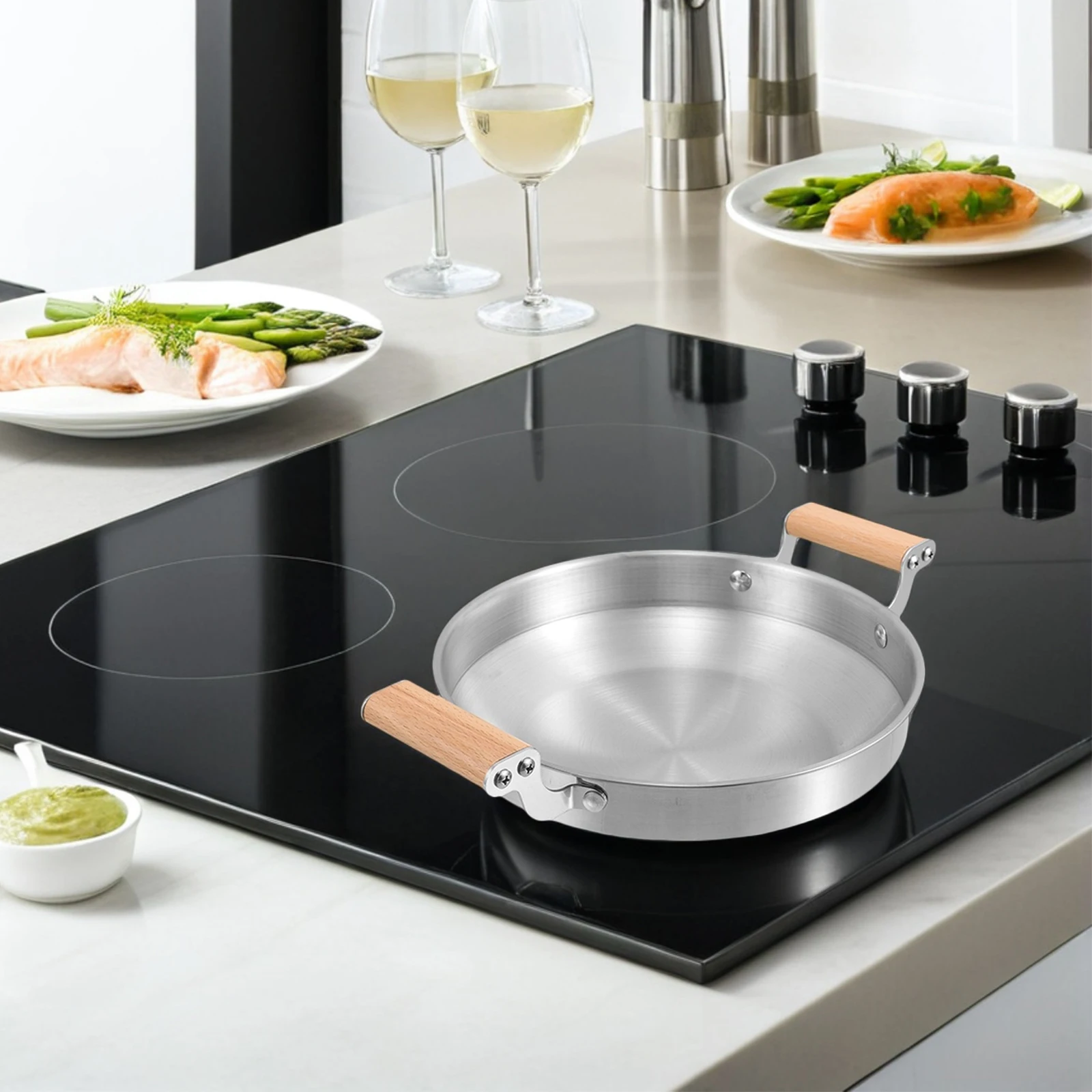 

Stainless Steel Double Handle Flat Pot for Dry Pot Cooking Seafood Ramen Stew Home Restaurant Use Dual Ear Wok with Wooden