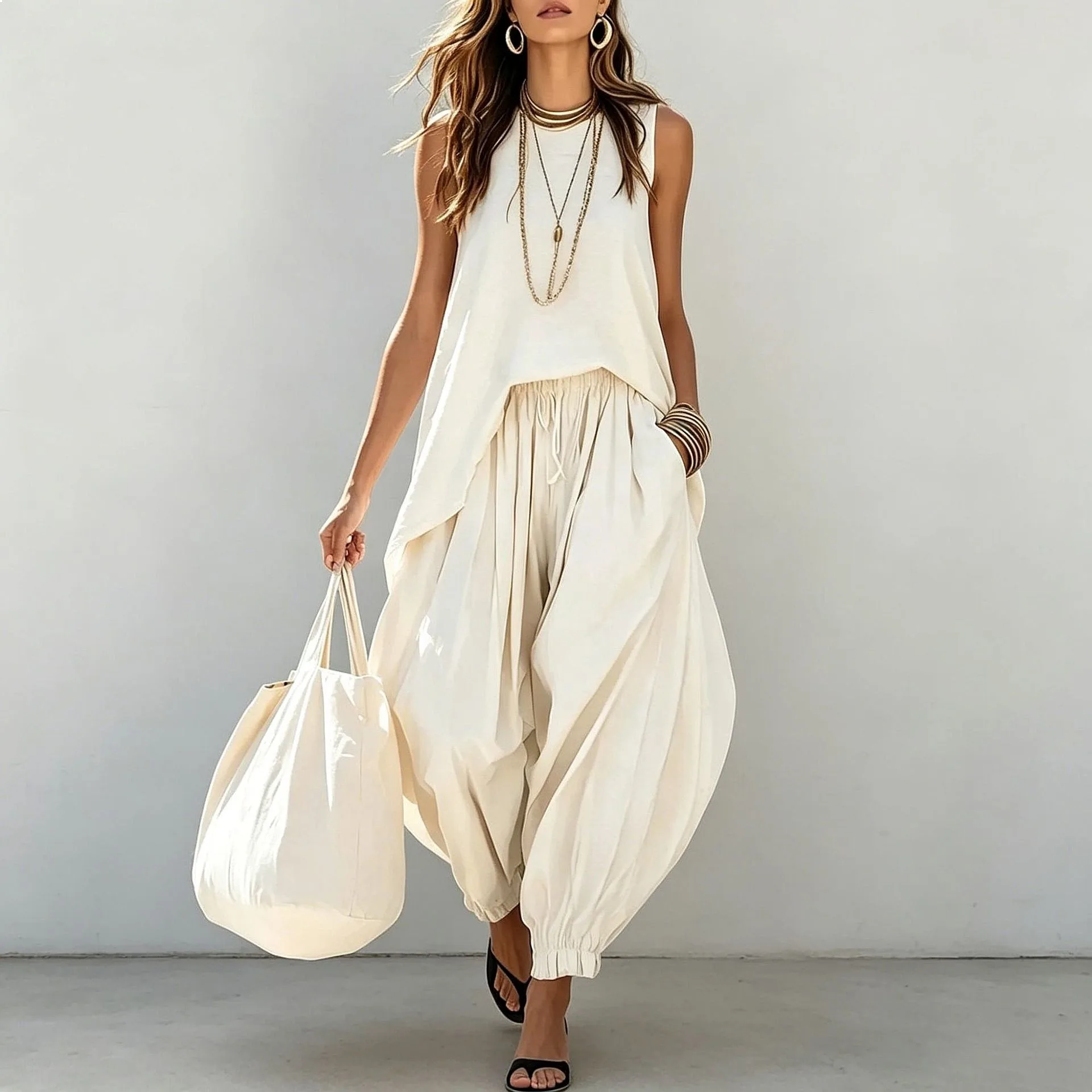 Loose Sleeveless Top and Harem Pants Matching Set, Bohemian Summer Vacation Outfits for Women, Jumpsuit Playsuit Two Piece Set