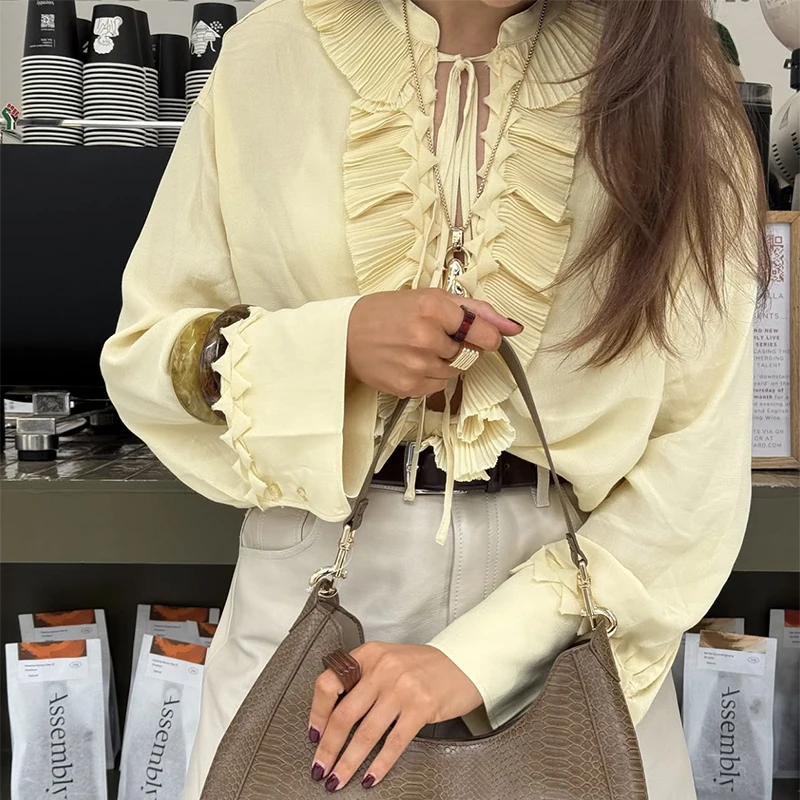 Trendix Solid Ruffle Chiffon Top Vrouwen 2025, Zomer Casual Losse V-hals Lange Mouw Blouse Mode Lace Up Vintage Shirts Femme