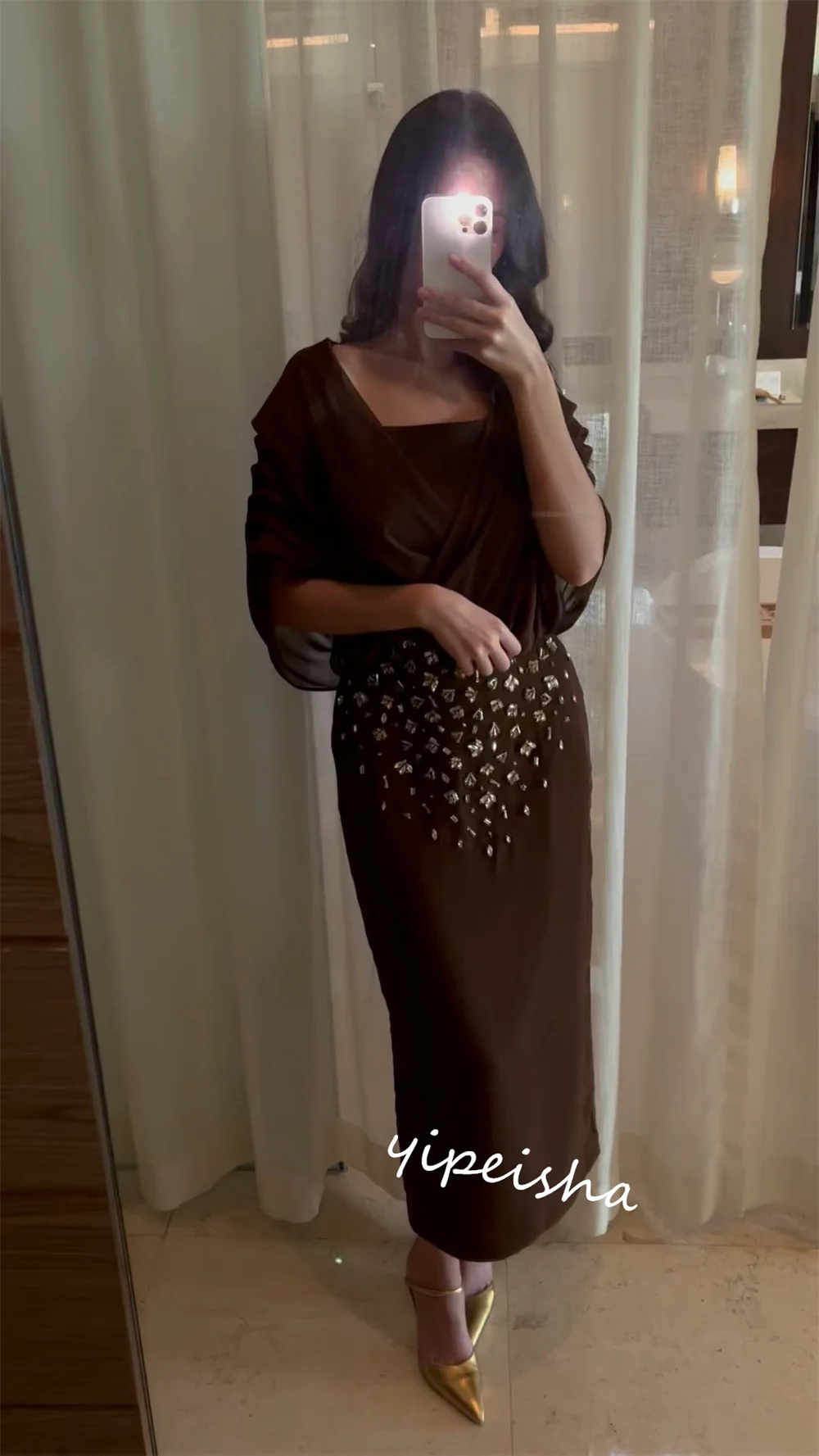 Robe de Bal en Jersey Personnalisée avec Perles, Ligne A, Col Carré, sur Mesure, pour Occasions, Midi