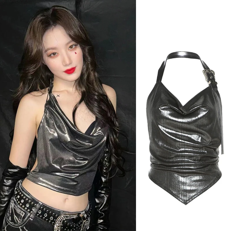 

Women Singer Group Jazz Dancer Costume Sexy Halter Silver Top Female Dj Ds Party Gogo Wear Stage Performance Clothes DWY9607