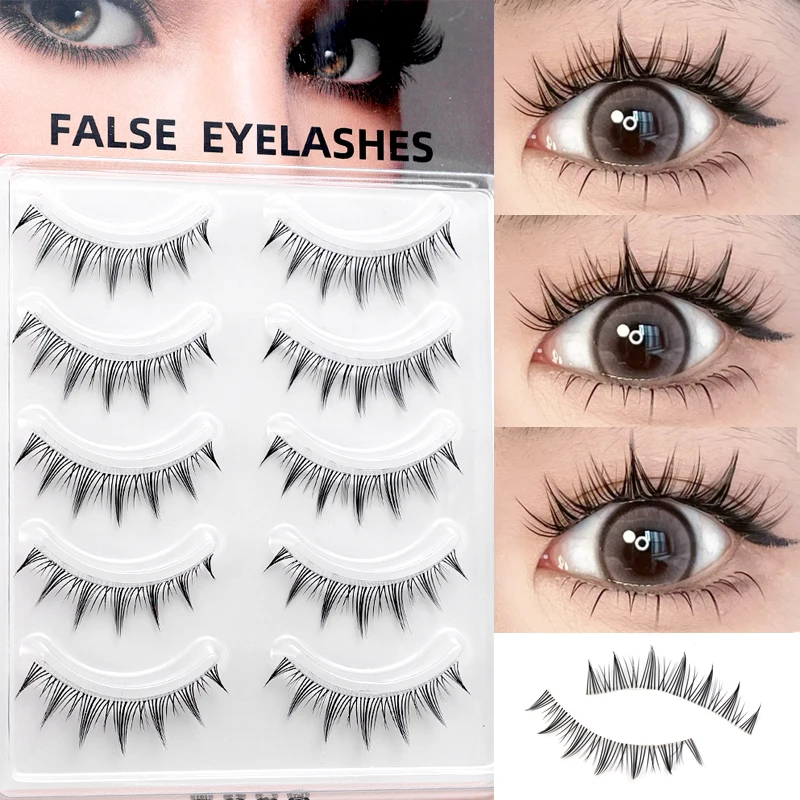 Wispy Transparent Stem False Eyelashes 5 Pairs Natural Manga Faux Mink Strip Lashes Eyelash Extension Makeup Cosplay Lash Tools