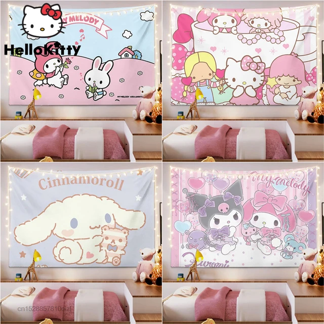 Kawaii Sanrio Hello Kitty Tapestry My Melody Cinnamoroll Kuromi Cartoon Cute Textile Wall Covering Cute Girl Living Room Decor