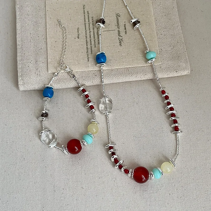 

Minar Bohemian Mix Color Natural Stone Beads Beaded Necklace for Women Wholesale Shiny Silver Water Wave Chain Strand Chokers