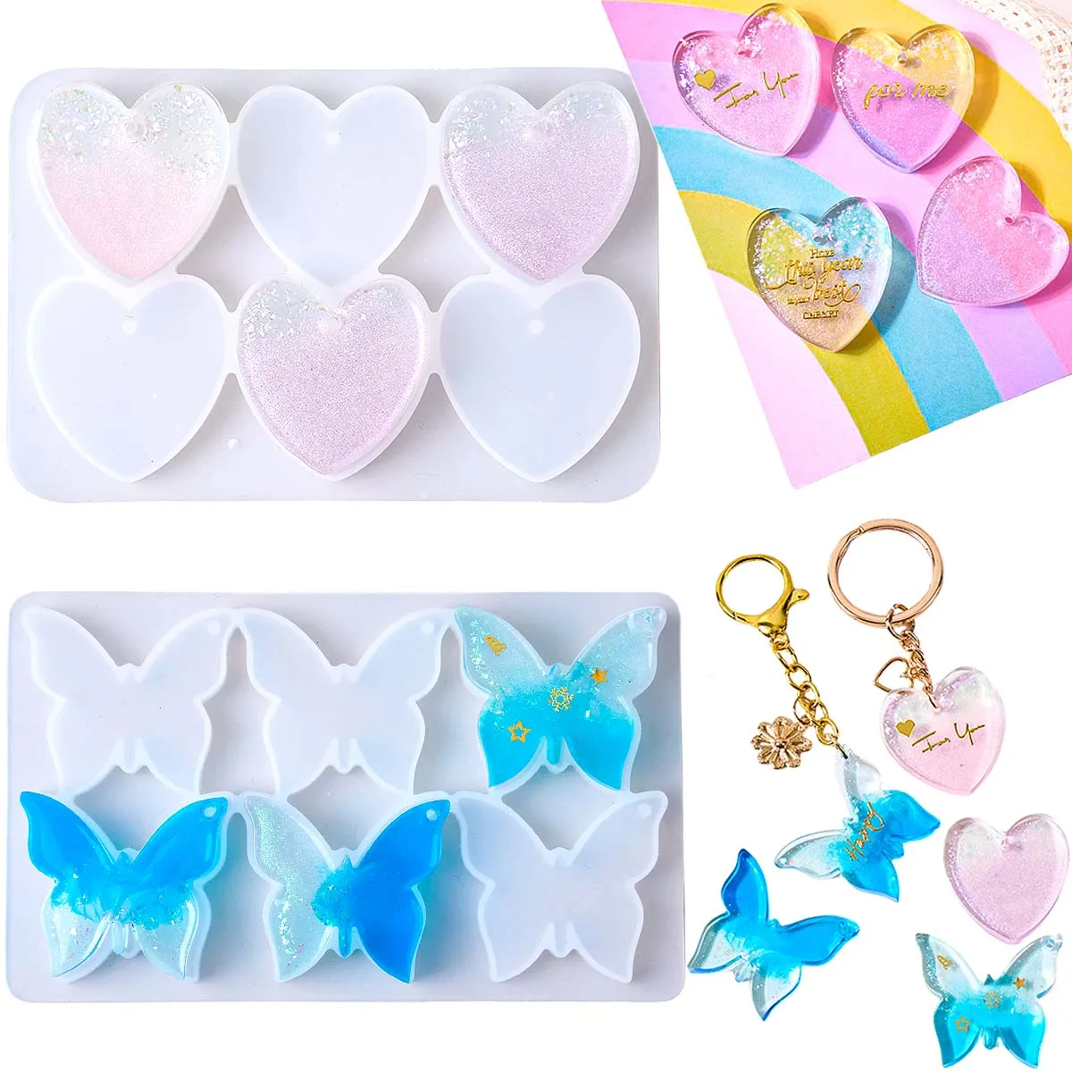 Six-hole with Holes Earring Silicone Mold DIY Heart Butterfly Shape Epoxy Resin Molds Pendant Keychain Jewelry Crafts Making