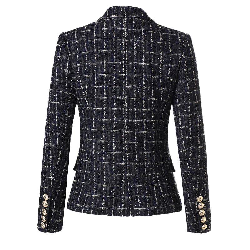 2024 Klassieke Vintage Lente Tweed Geruit Blazer Voor Dames Metalen Leeuw Hoofd Gesp Slim Fit Pak Dames Polyester Nieuw In Jassen