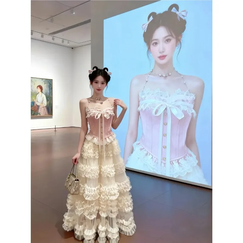 

Japanese Sweet Kawaii Outfits Women Bow Lace Patchwork Slim Shirts Fluffy Cake Mini Skirt 2 Pieces Harajuku Princess Pink Dress