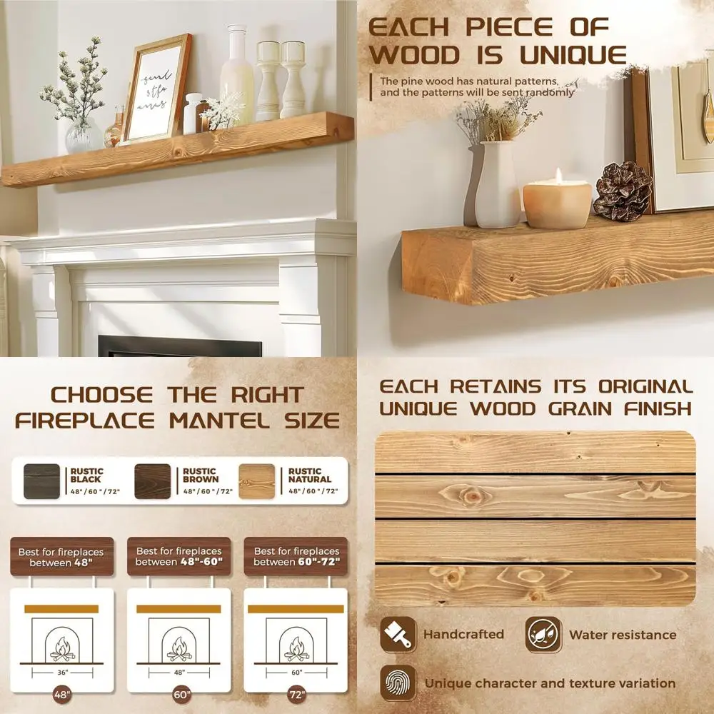 

Rustic Solid Wood 72x7x3 Wall-Mounted Floating Shelf with Hidden Heavy-Duty Brackets for Fireplace Mantels