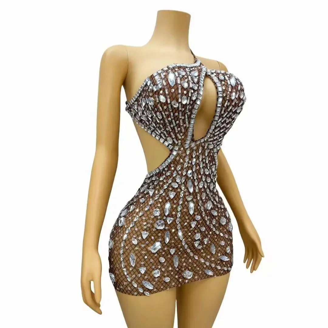 Mulheres sexy ver através de strass vestido de jantar de aniversário rosa festa clube vestido trajes dançarino sem costas cortar baile mini vestidos