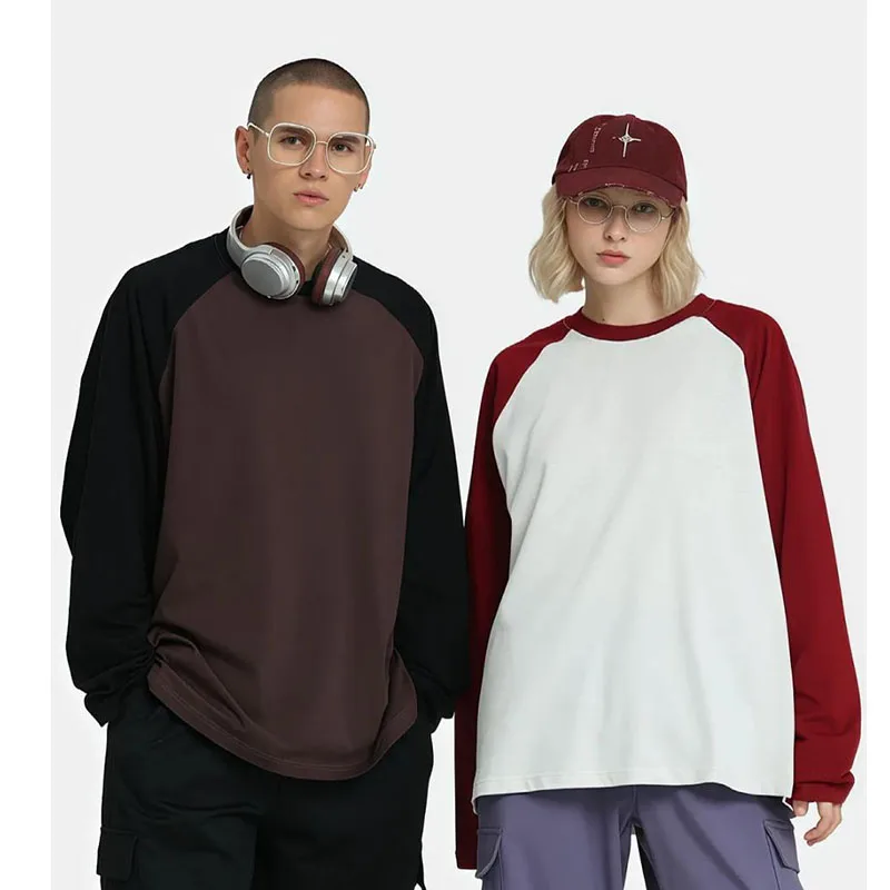 Custom Print Logo Autumn 100% Cotton Unisex Raglan Long Sleeve T-shirt, Loose Color Block Top, Versatile Street Casual Apparel