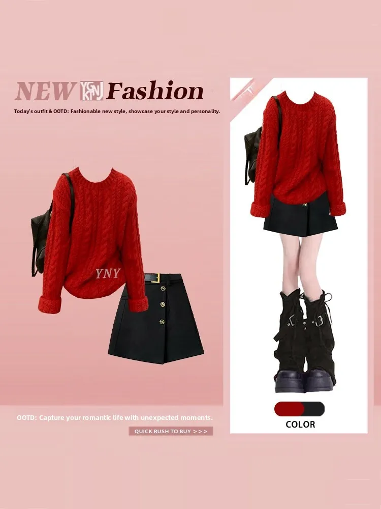 Retro Rode Gebreide Trui Rok Set Dames Herfst Winter Ele Faionable Tweedelige Hoge Taille Ort Rok Lange Sve