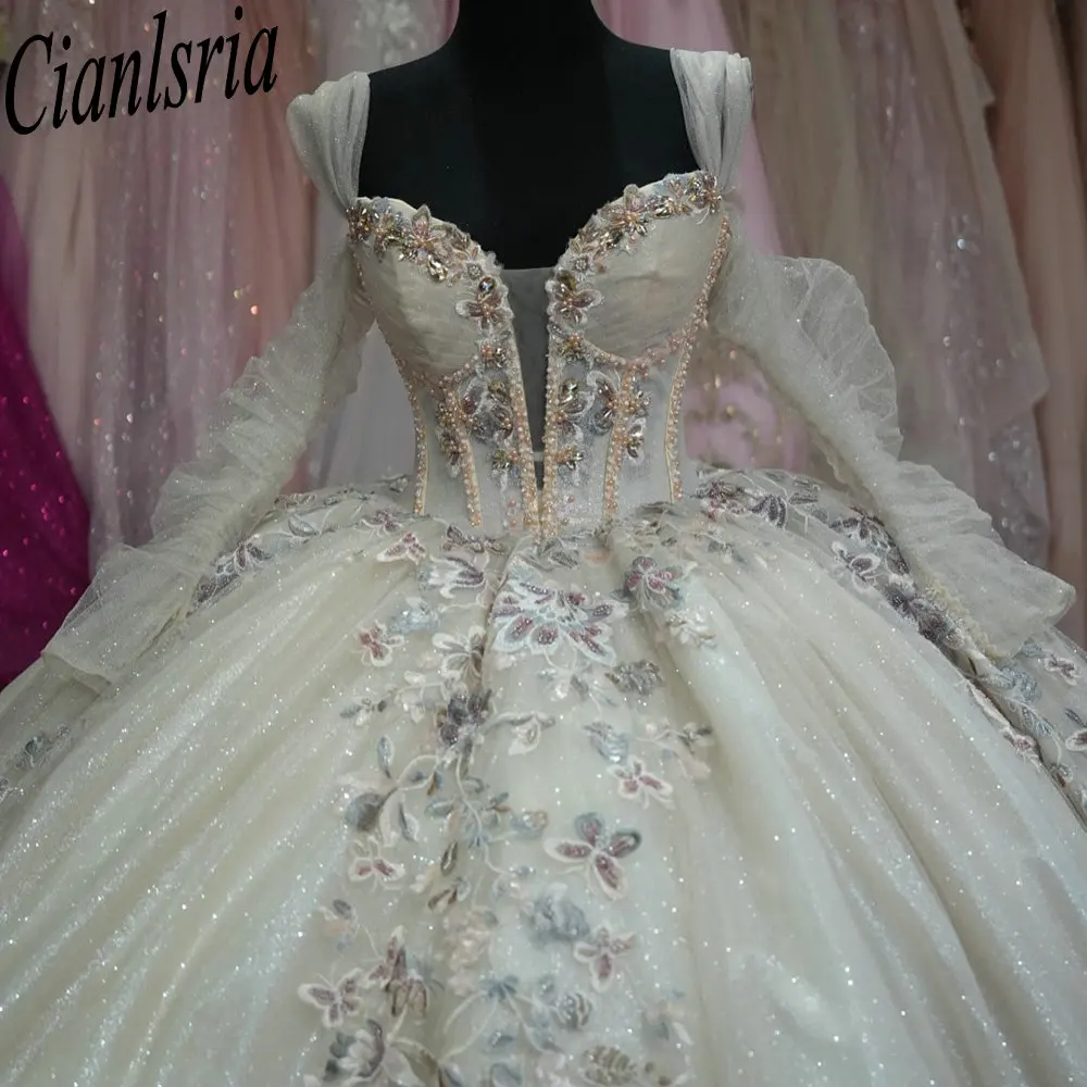 

Princess Long Sleeve Quinceanera Dresses Ball Gown Sweetheart Appliques Lace Beading Corset Sweet 16 Vestidos De XV 15 Anos