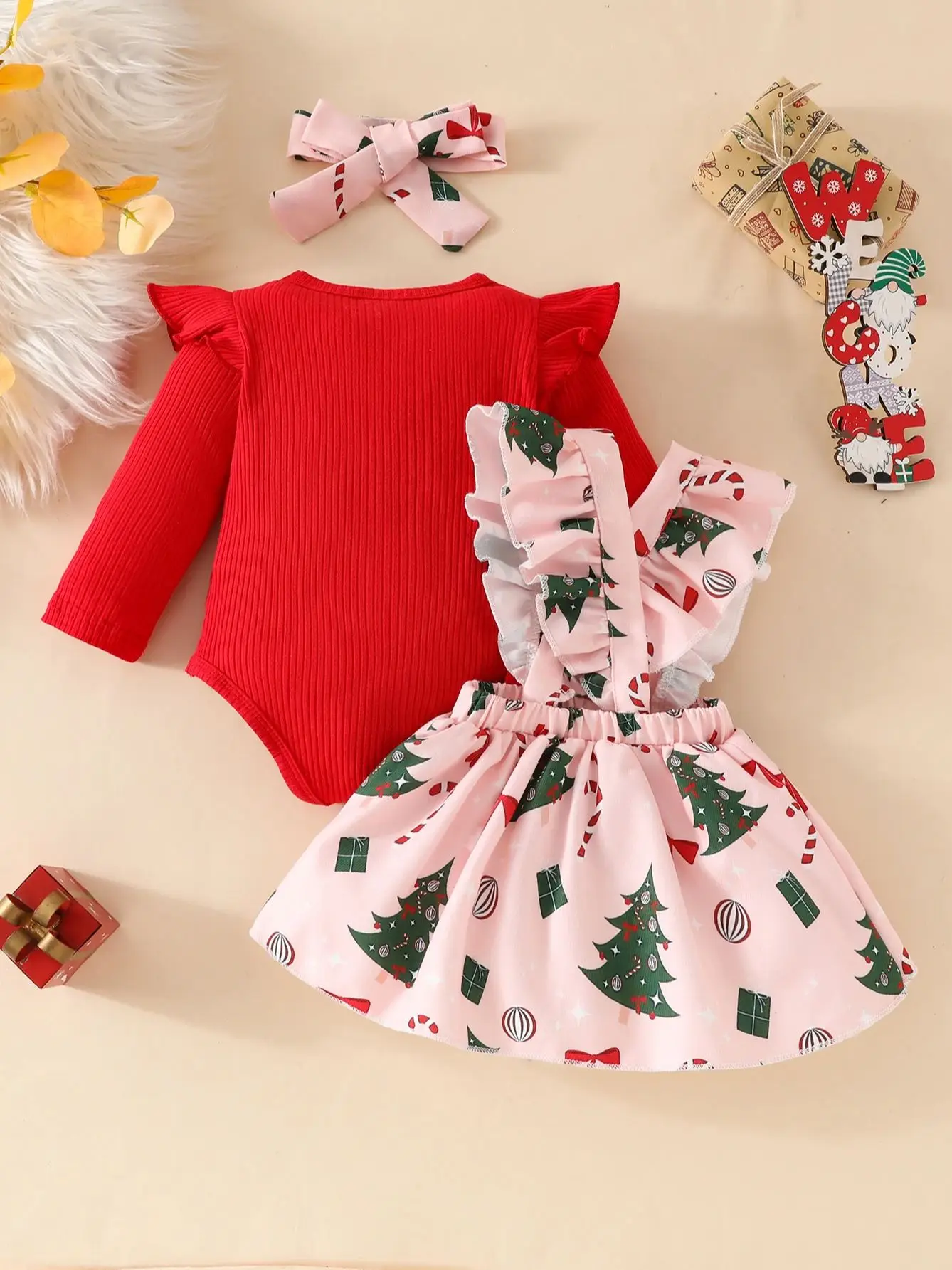 Baby Girl\'s Christmas Fashion Party Cute Christmas Tree Gift Printed Ruffled Bow Suspender Skirt+red Casual Toddler One-piece Triangle