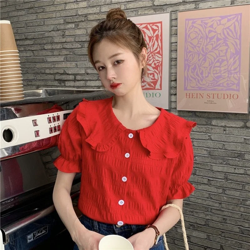 Shirts Women Ruffles Puff Sleeve Simple Design Students Gentle Sweet Streetwear Feminino Leisure Kawaii Young Girlish Prevalent