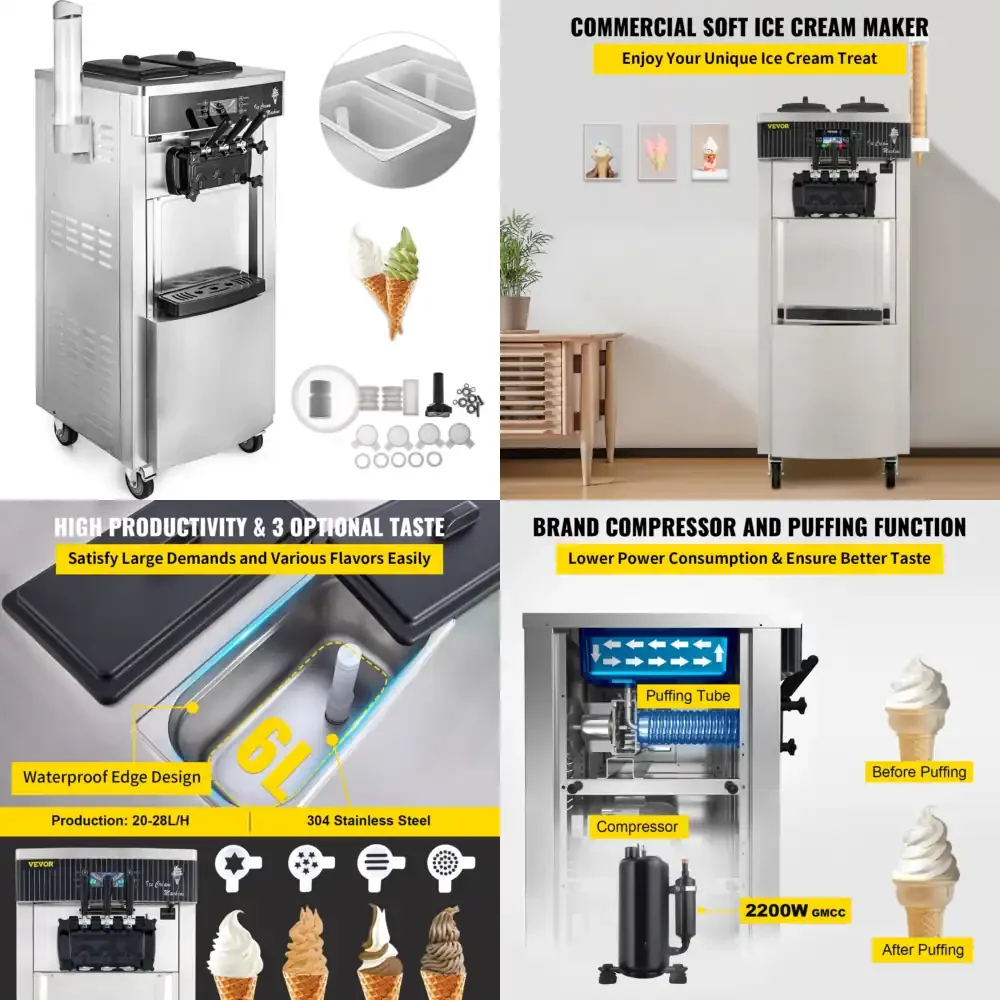

Commercial Soft Ice Cream Machine,2200W 3 Flavors Ice Cream Maker,5.3 to 7.4 Gal per/H Auto Clean LCD Panel for