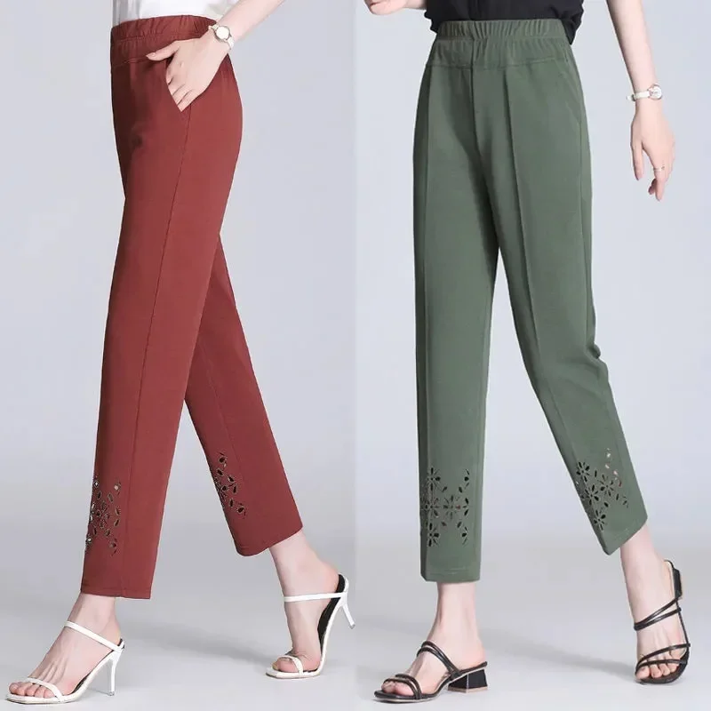 

Middle-aged Elderly Female Thin Straight Pants Black Women Summer Pants 2025 New Fashion High Waist Elastic Casual Pants