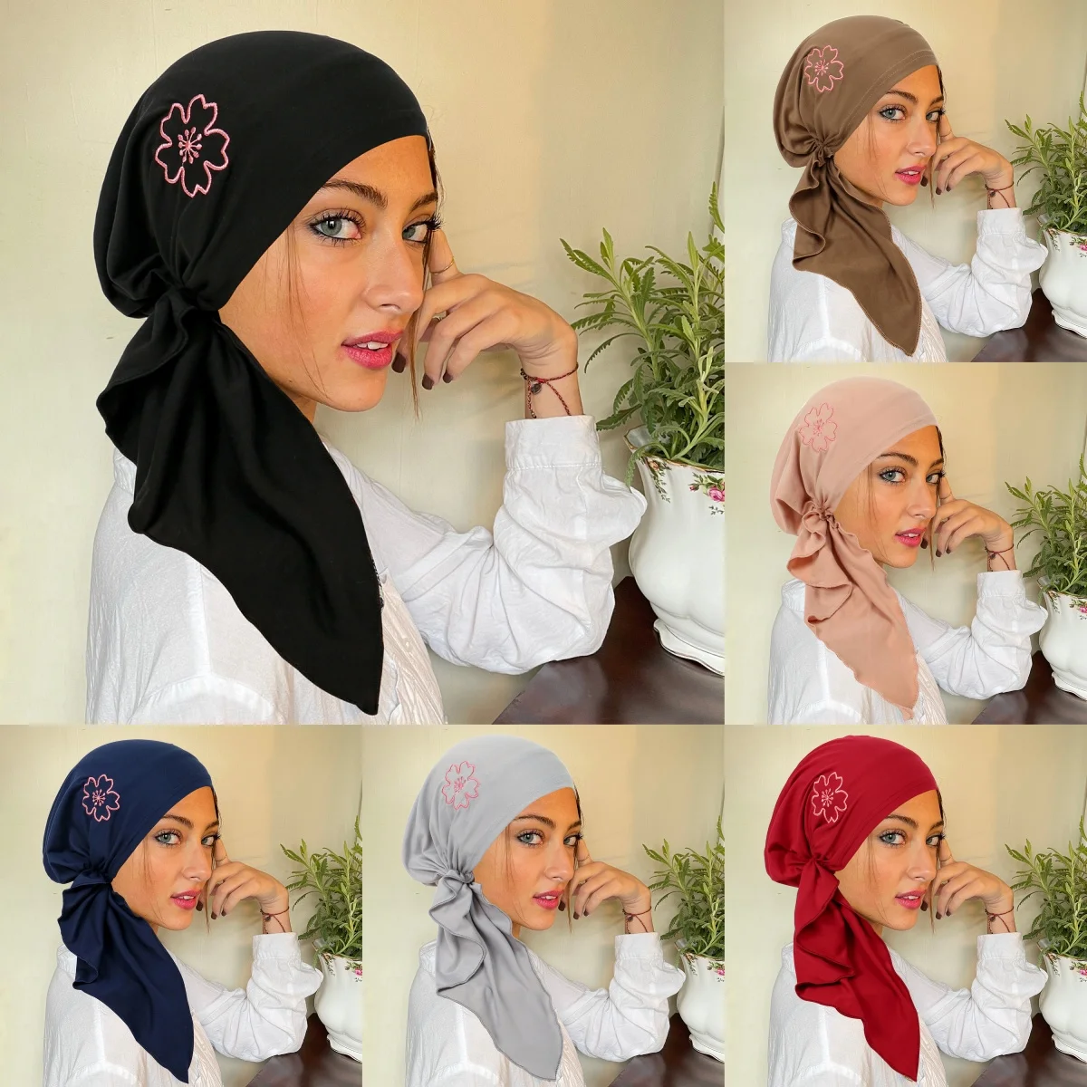 2025 New Soft Strech Embroidered Flowers Women's Hijab Muslim Ladies Turban Bonnet Long Tail Head Wrap Head Scarf Indian Hats