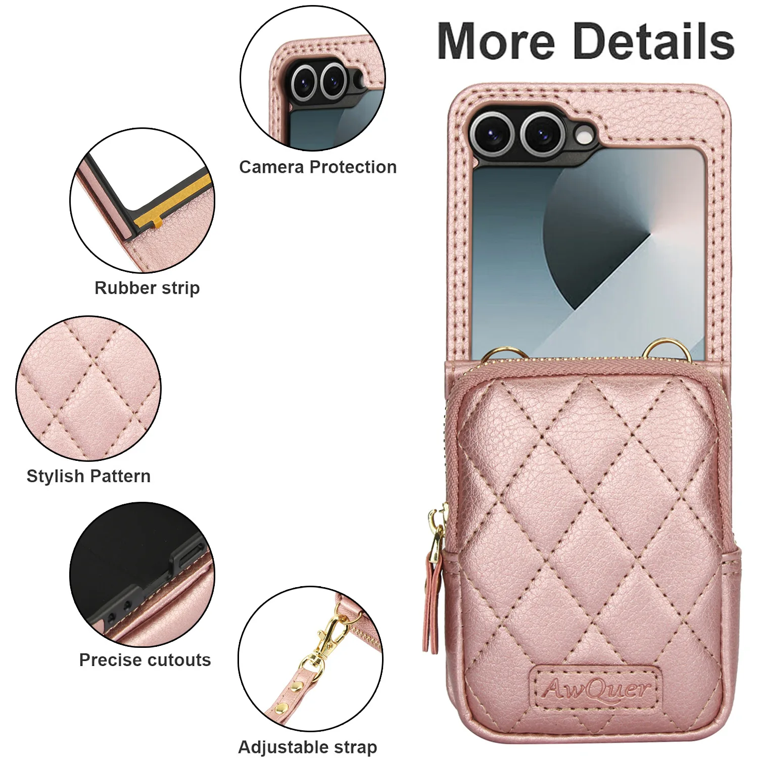 Luksusowe etui na Samsung Galaxy Z Flip 7 6 5 4 3, skórzane etui portfel z teksturą liczi, z długą smyczą, ochronne etui crossbody — zdjęcie produktu 3