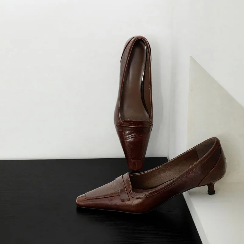 MKKHOU Fashion Pumps New High Quality Genuine Leather Shoes Retro Square Head Cat Heels High Heels Commuter Women's Heels Shoes