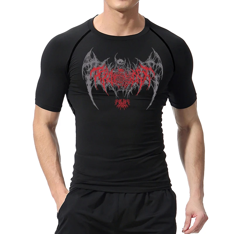 Skull Wings Print Short Sleeve Compression Shirts for Men Summer Gym Workout Running Tshirt Athletic Quick Dry Tees Undershirts