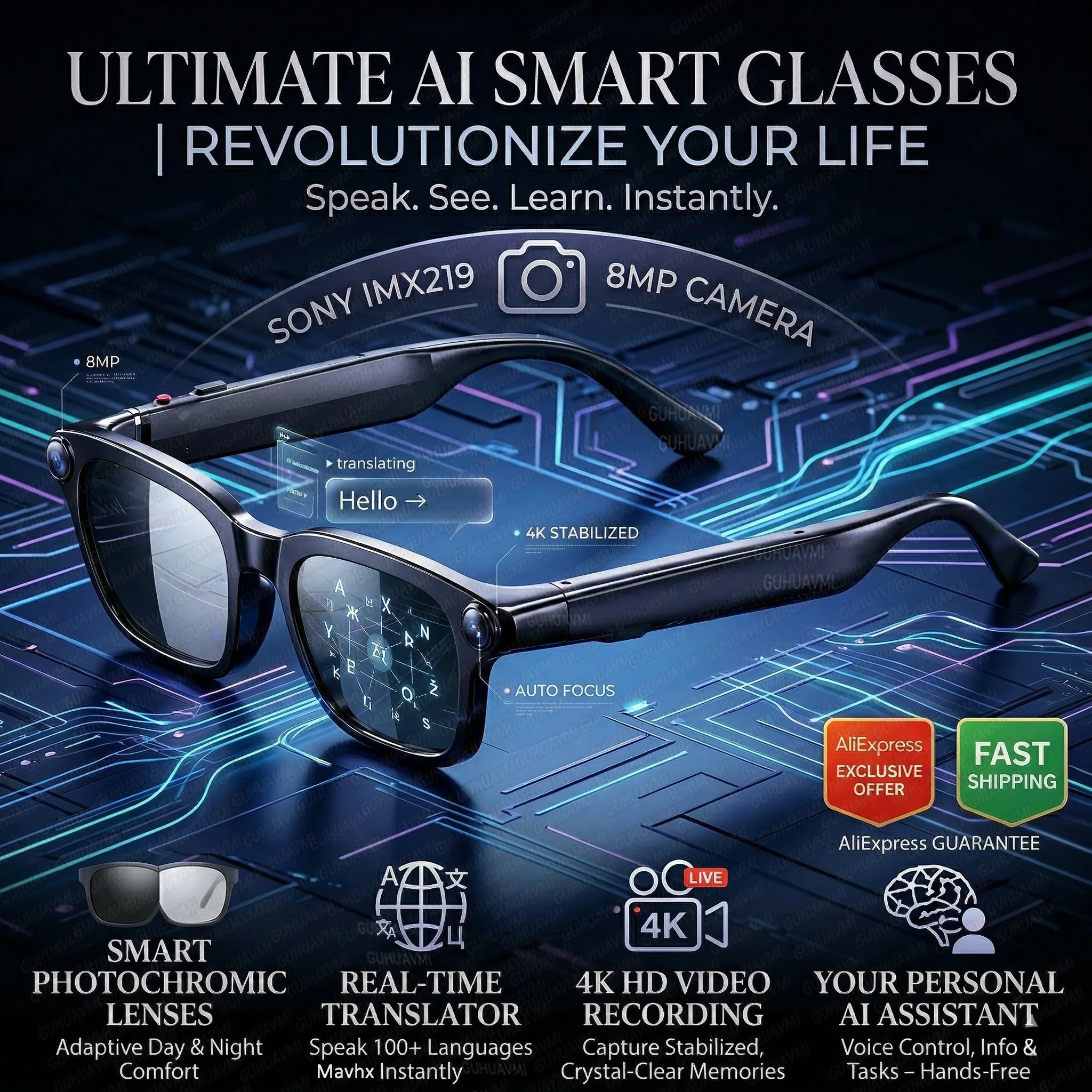 

AI Smart Glasses 800W HD Camera 4K Video Recorder Sunglasses ChatGPT Translation Bluetooth Call Smart Eyeglasses For Travel Work