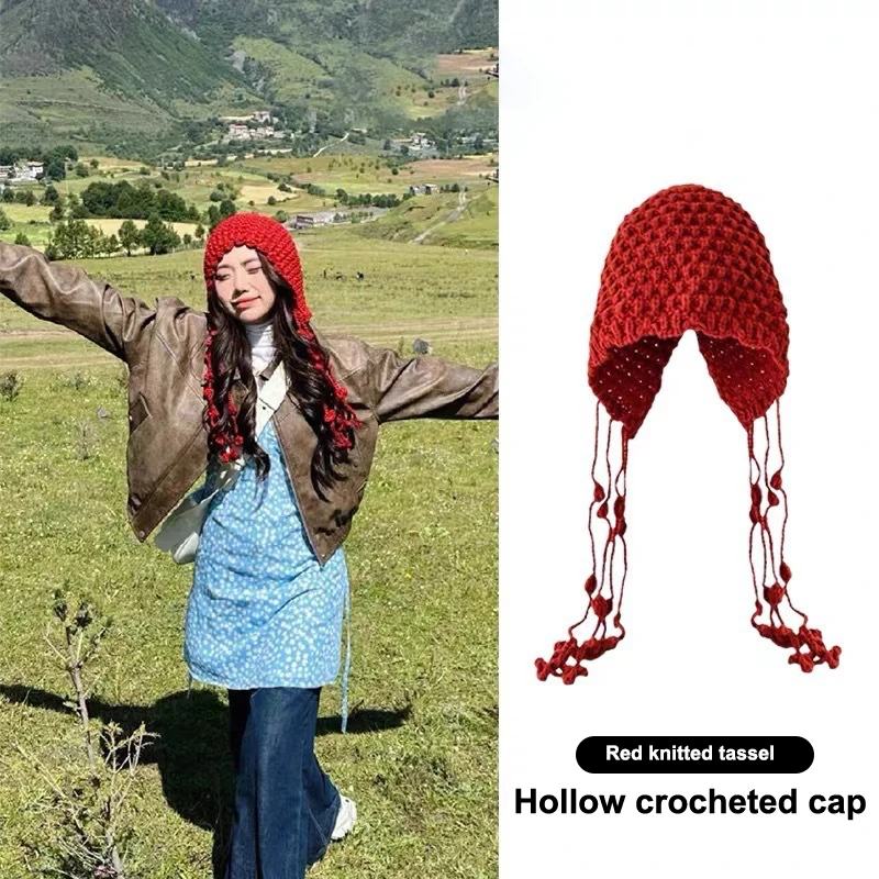 Autumn And Winter Warm Wool Hat Hand-woven Hollow Bag Hat Women's Ethnic Style Fringed Ear Protector Knitted Hat