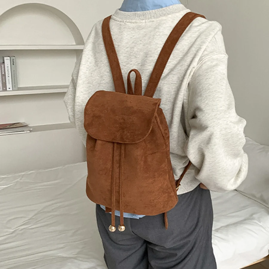 Korean vintage suede flap drawstring backpack ins new casual fashion student small bagpack soild female travel bags rucksack sac