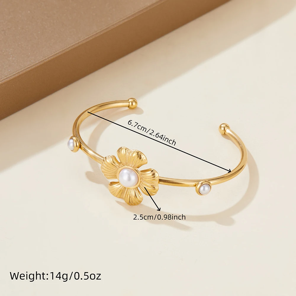 LAMENGLY 316L Stainless Steel Pearl Inlay 4-Leaf Flower Bowknot Cuff Bracelet For Women Exquisite Elegant Loop Bangle Jewelry