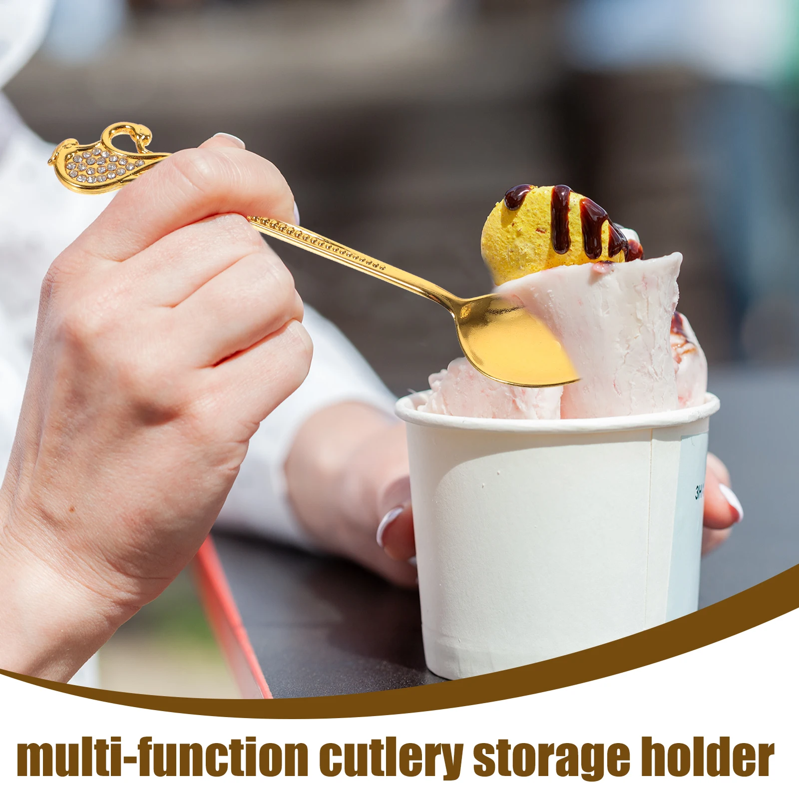 

1 set Metal Coffee Dessert Spoons Set with Storage Holder Portable Kitchen Utensils Smooth Handle Cake Soup Spoon