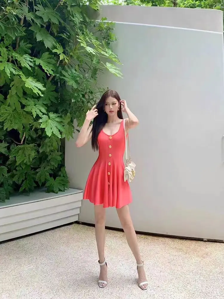 

Summer New High-Quality Fashionable Temperament Commuting Single Breasted Sleeveless Tank Top Short Knitted Round Neck Dress